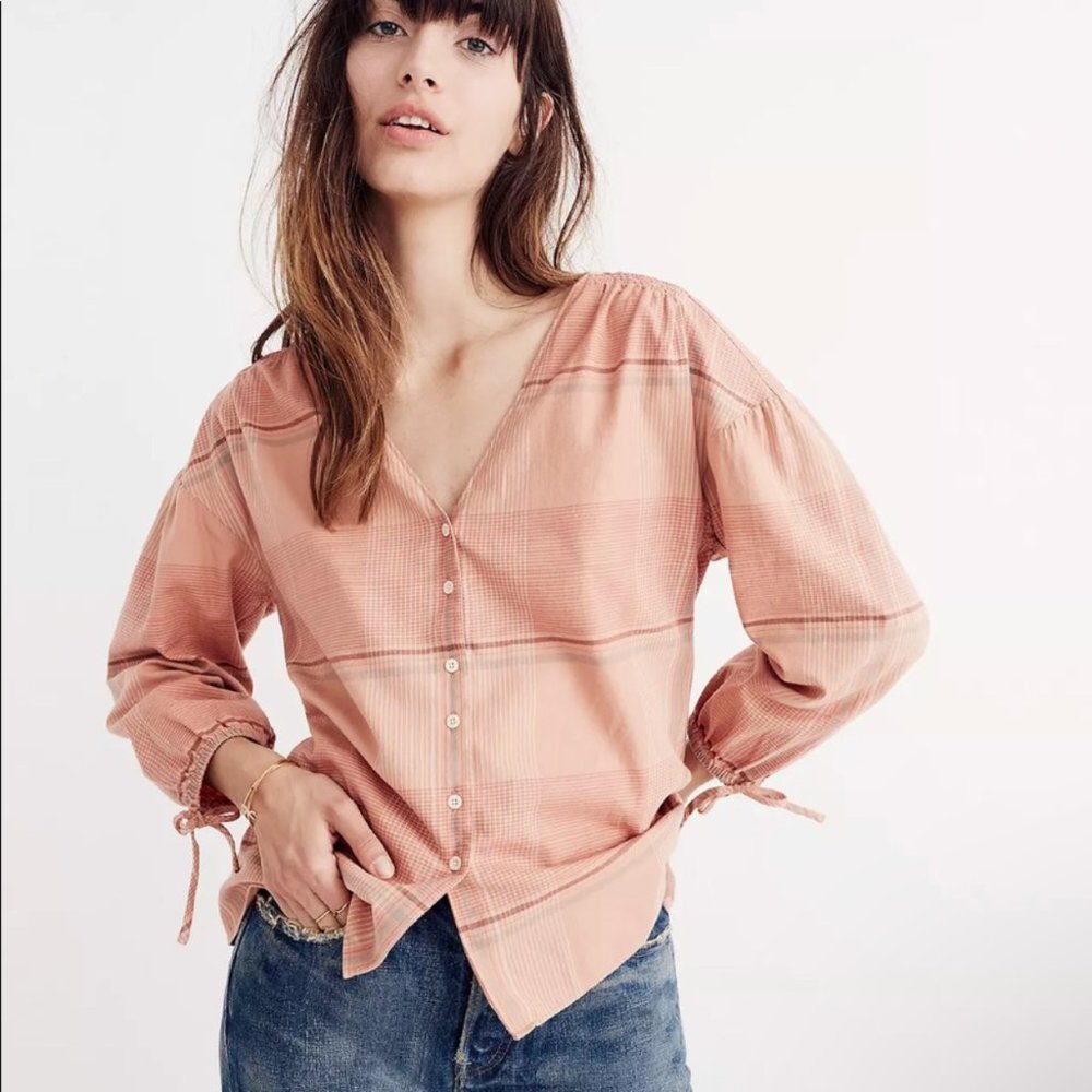 SOLD Moringview Cotton Tie-Sleeve Shirt in Peach Plaid Size Large SOLD - Picture 1 of 6